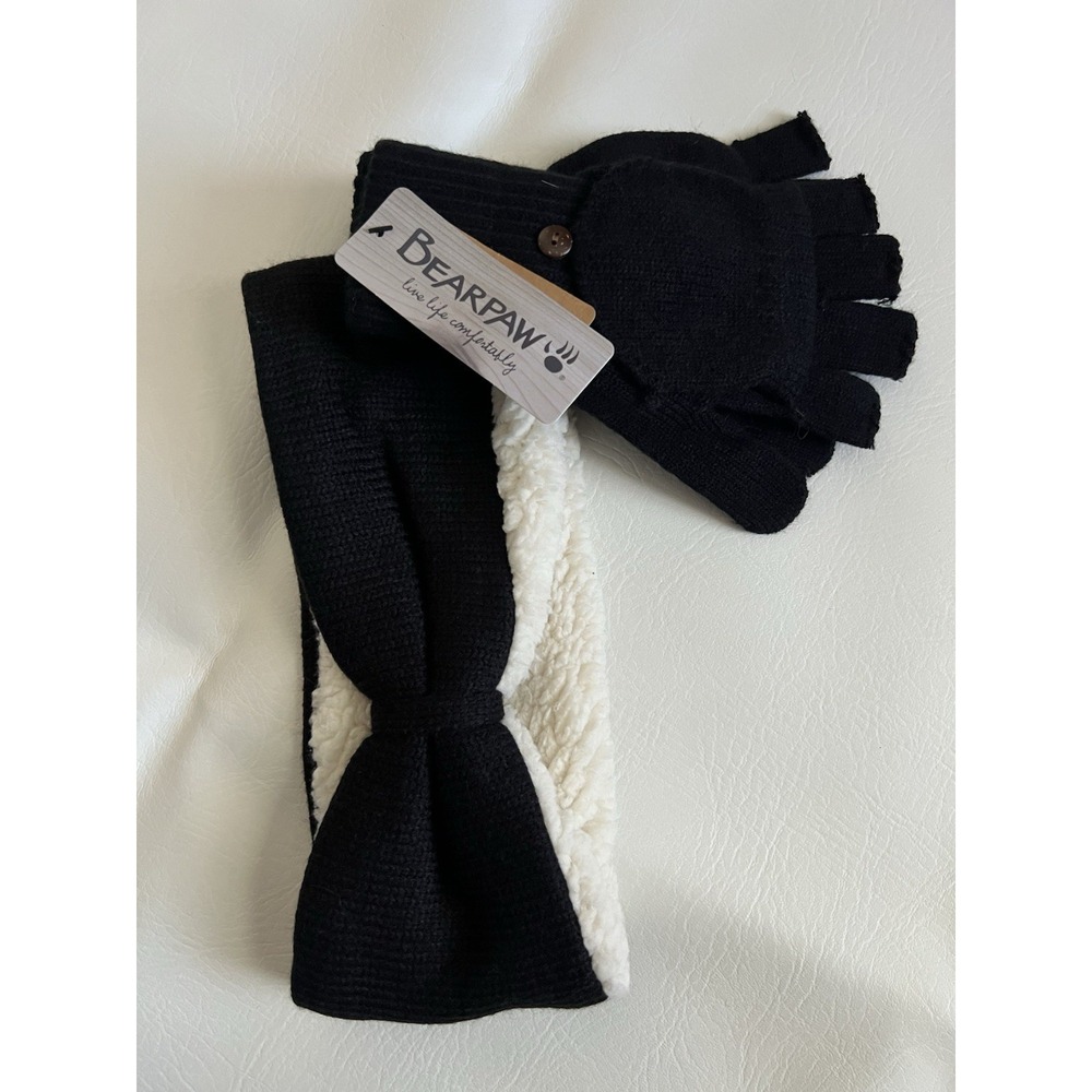 NWT BEARPAW Womens Black Knit Sherpa Lined Headband Ear Warmer Gloves Set OS